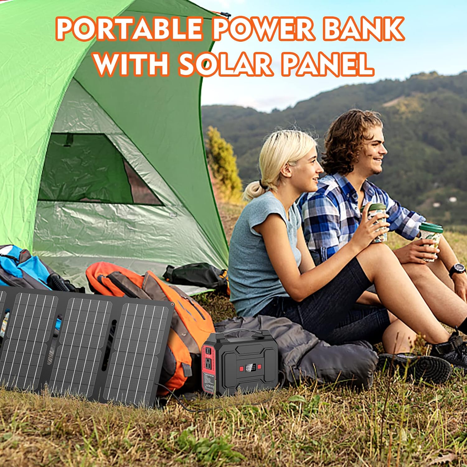 Apowking 146Wh Portable Power Bank with AC Outlet   40W Foldable Solar Panel