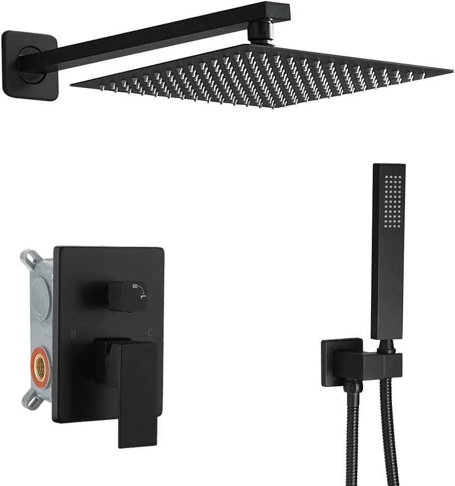 Matte Black Shower System 12 Inches Bathroom Luxury Rain Shower Head with Handheld Combo Set Wall Mounted High Pressure Rainfall Shower Head System Shower Faucet Set with Valve and Trim