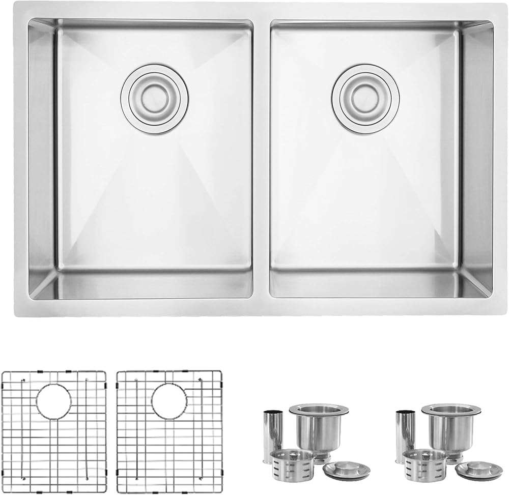 STYLISH 28 inch x 18 inch Stainless Steel Double Bowl Topmount or Undermount 18G Kitchen Sink with Grids and Strainers, S-300TG