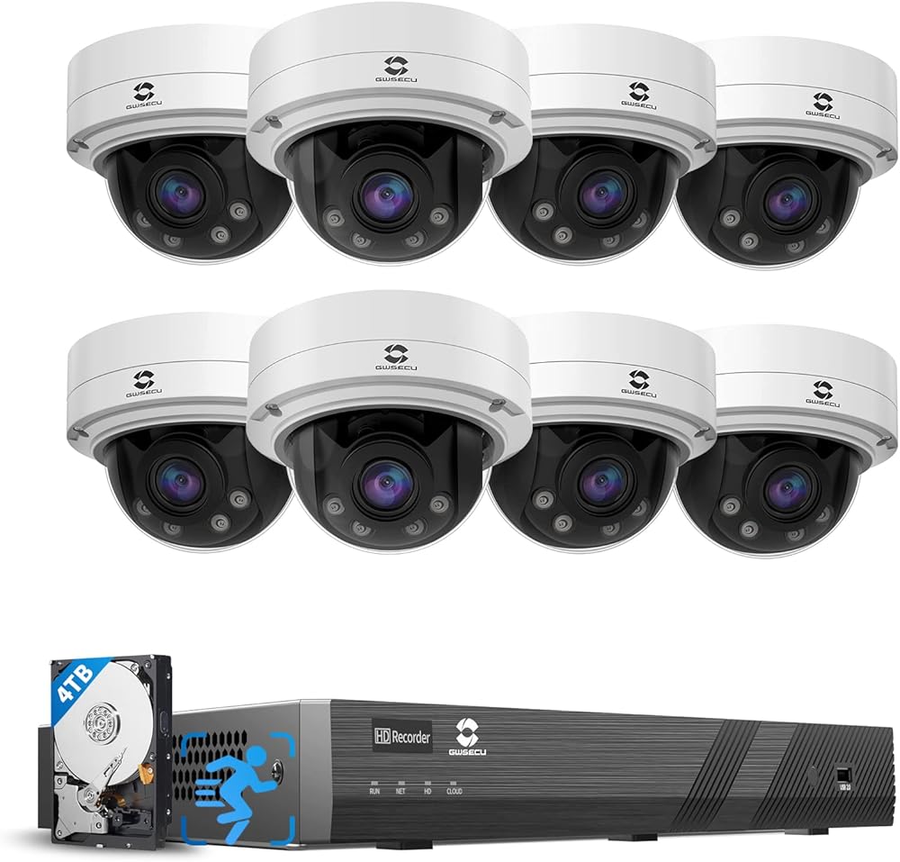 GWSECU 16 Channel Camera Systems PoE 4TB HDD, 5X Optical Zoom AI Human Vehicle Detection Mic, IP66 IK10 Vandal-Proof, 8X 4K Dome Security IP Camera 2.7-13.5mm Motorized Varifocal Lens, G81608MD57