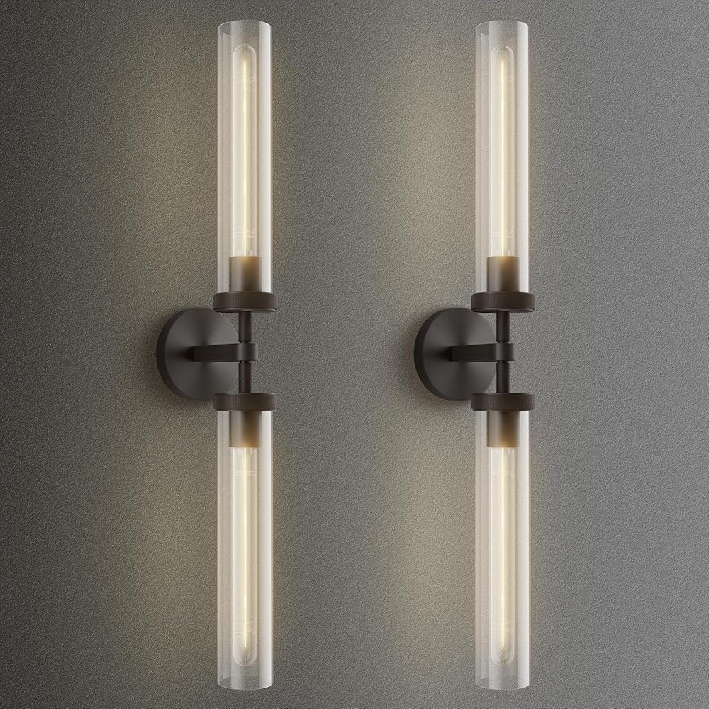 Brass Wall Sconces, 30in Black 2-Light Double Glass Sconces Wall Lighting, Bathroom Knurled Vanity Light Sconces, Wall Lights for Living Room Bedroom（Including Bulb）