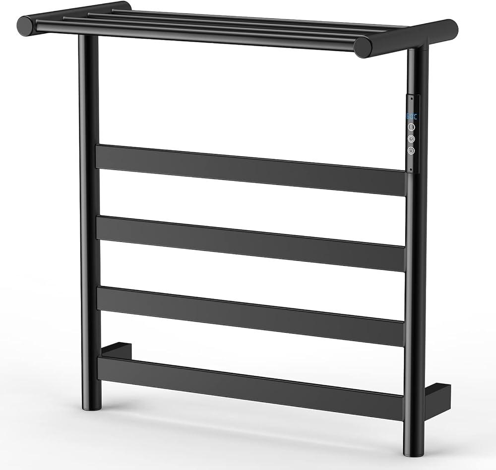 Heated Towel Warmer Bathroom Towel Rack Towel Warmer Wall Mounted with Built-in Timer 4 Bars Electric Stainless Steel Heated Towel Racks for Bathroom, Towel Heater for Bathroom (Matte Black)