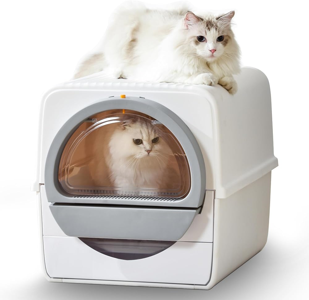 Self Cleaning Cat Litter Box Odor Control, Pull and Scoop Litter Box with Enclosed Lid, Covered Non-Electric Semi-Automatic Self Cleaning Litter Boxes for Large Cats