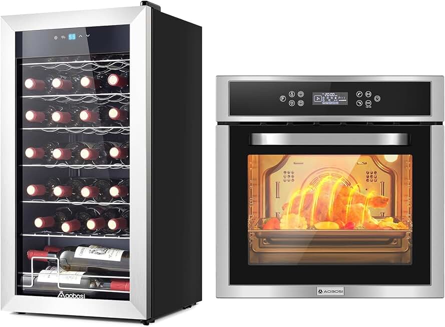 AAOBOSI Wall Oven 24 Inch Single Wall Oven, 2.5 Cu.Ft Electric Built-in Convection Oven LED Digital Display, Wine Fridge, 28 Bottle Wine Cooler 46-66℉ Beverage Wine Refrigerator