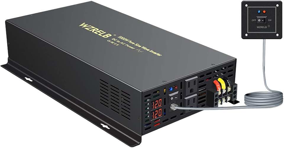 WZRELB 5000W 12VDC 120VAC Pure Sine Wave Power Inverter, 2 AC Outlets, Wired Remote Control, RV (RBP-500012WR)
