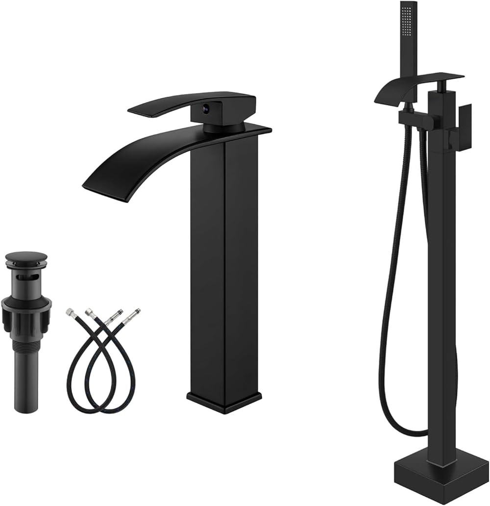 gotonovo Matte Black Waterfall Single Handle Bathroom Vessel Sink Faucet with Drain and Floor Mount Bathtub FaFucet with Handheld Shower, Waterfall Spout