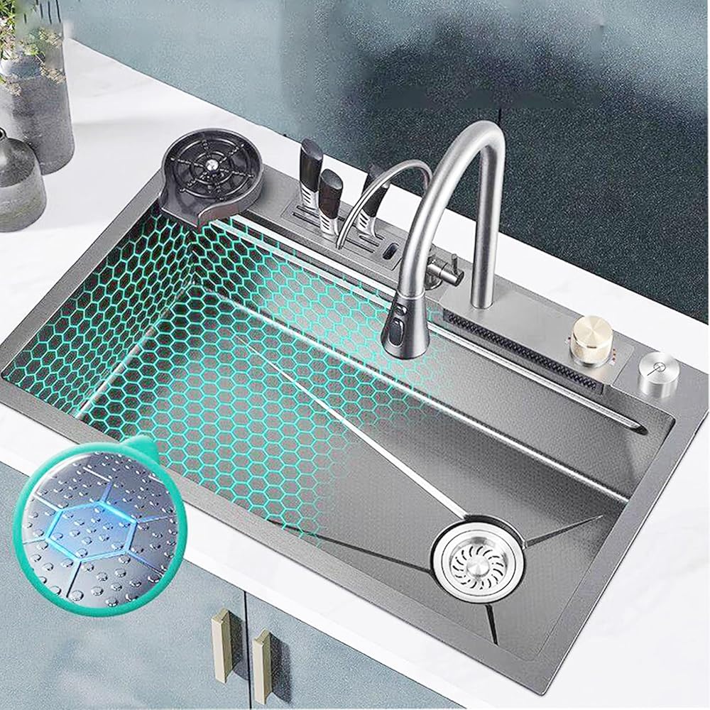 304 Stainless Steel Waterfall Kitchen Sink, Single Bowl Kitchen Sinks, Pull Down Sprayhead Faucet, Kitchen Sink with Cup Washer, Nano Kitchen Sink, Grey(80x45cm)