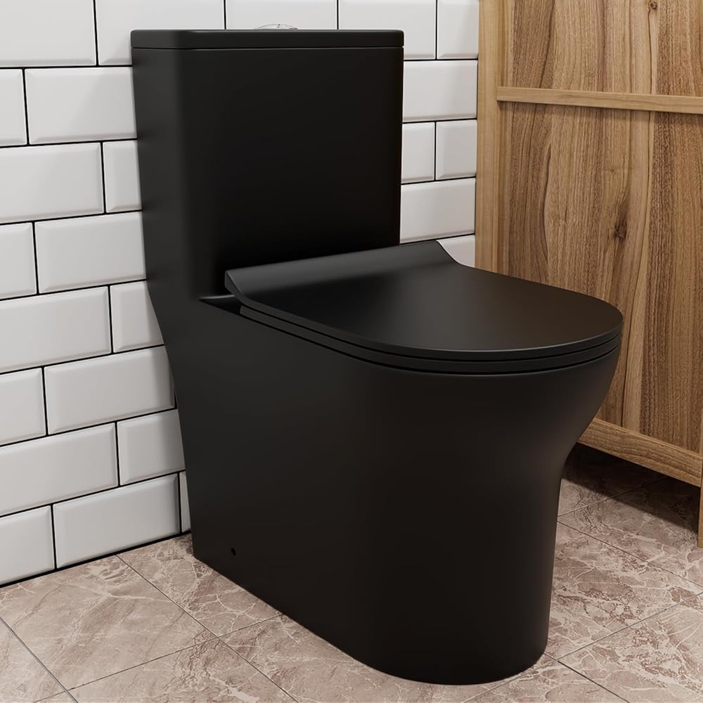 Dual Flush Elongated Standard One Piece Toilet with Comfortable Seat Height, Powerful & Quiet Dual Flush Modern Toilet, 12'' Rough-In, Matte Black，6618