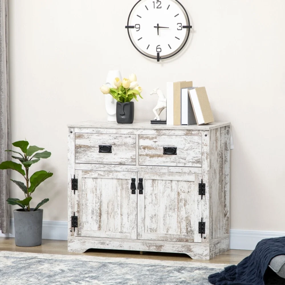 Storage Cabinet, Floor Cabinet, Freestanding Storage Cabinet with 2 Pull-Out Drawers and a 2-Tier Adjustable Shelves Cabinet, Sideboard, Accent Cupboard for Living Room, Kitchen, Distressed White