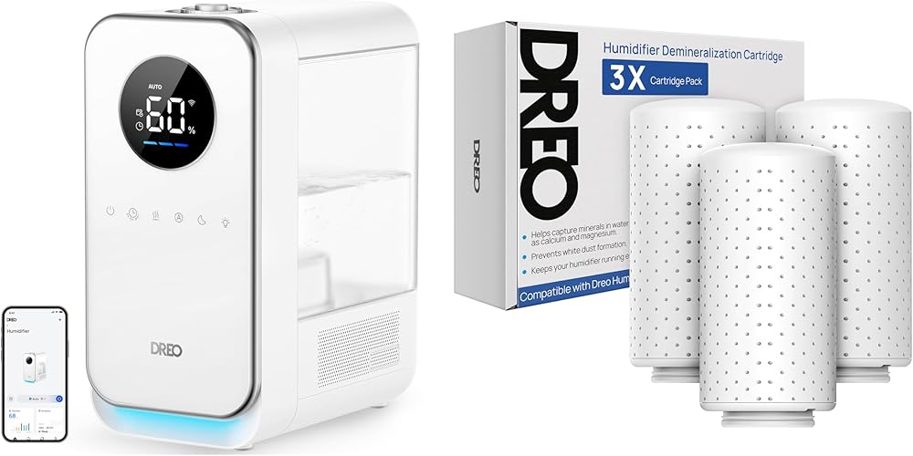 Dreo Smart 5L Humidifiers for Bedroom,Quiet Cool Mist Ultrasonic Humidifier for Baby + Dreo Demineralization Cartridge 3-Pack for Dreo Humidifiers HM512S Filter Hard Water, Eliminate White Dust