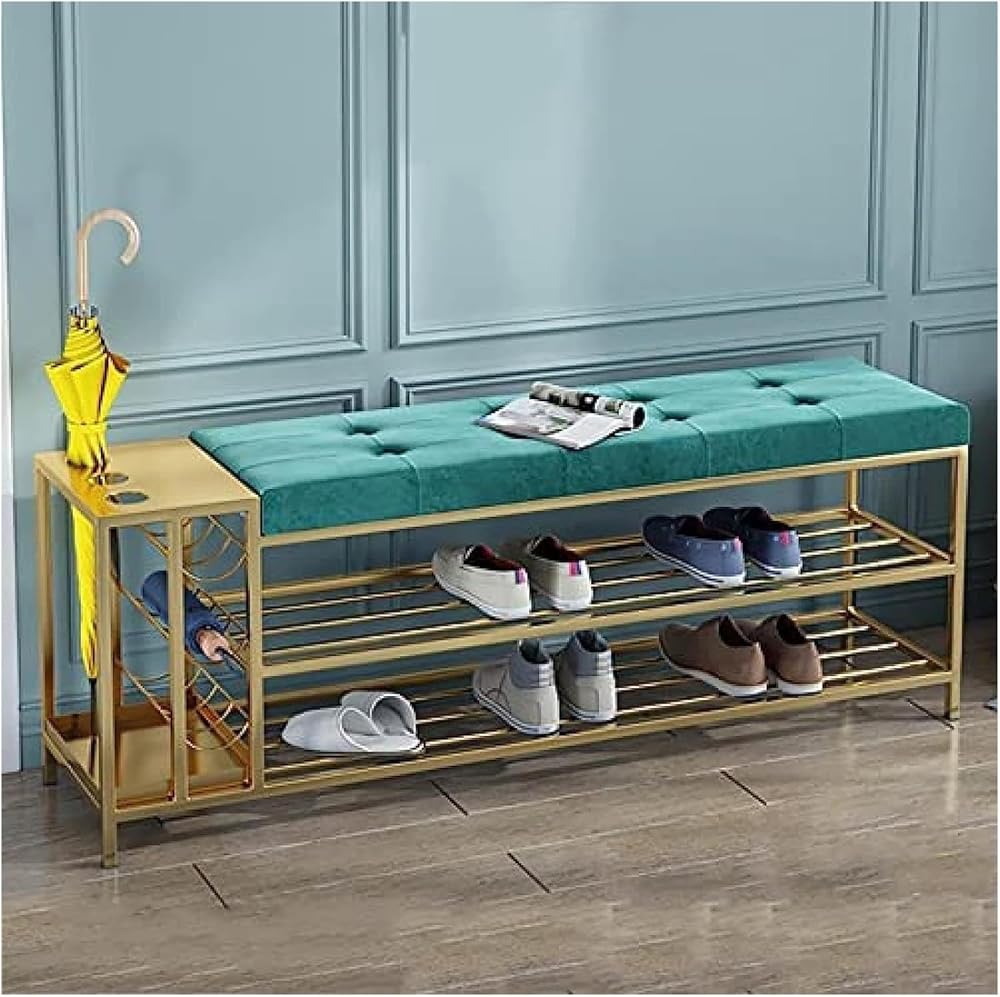 Shoe Storage Bench Entryway Hallway Furniture, Entryway Storage Bench with Umbrella Holder, Shoe Bench with Velvet Seat, Freestanding Shoe Shelf Metal(100x30x45cm(39x12x18inch))