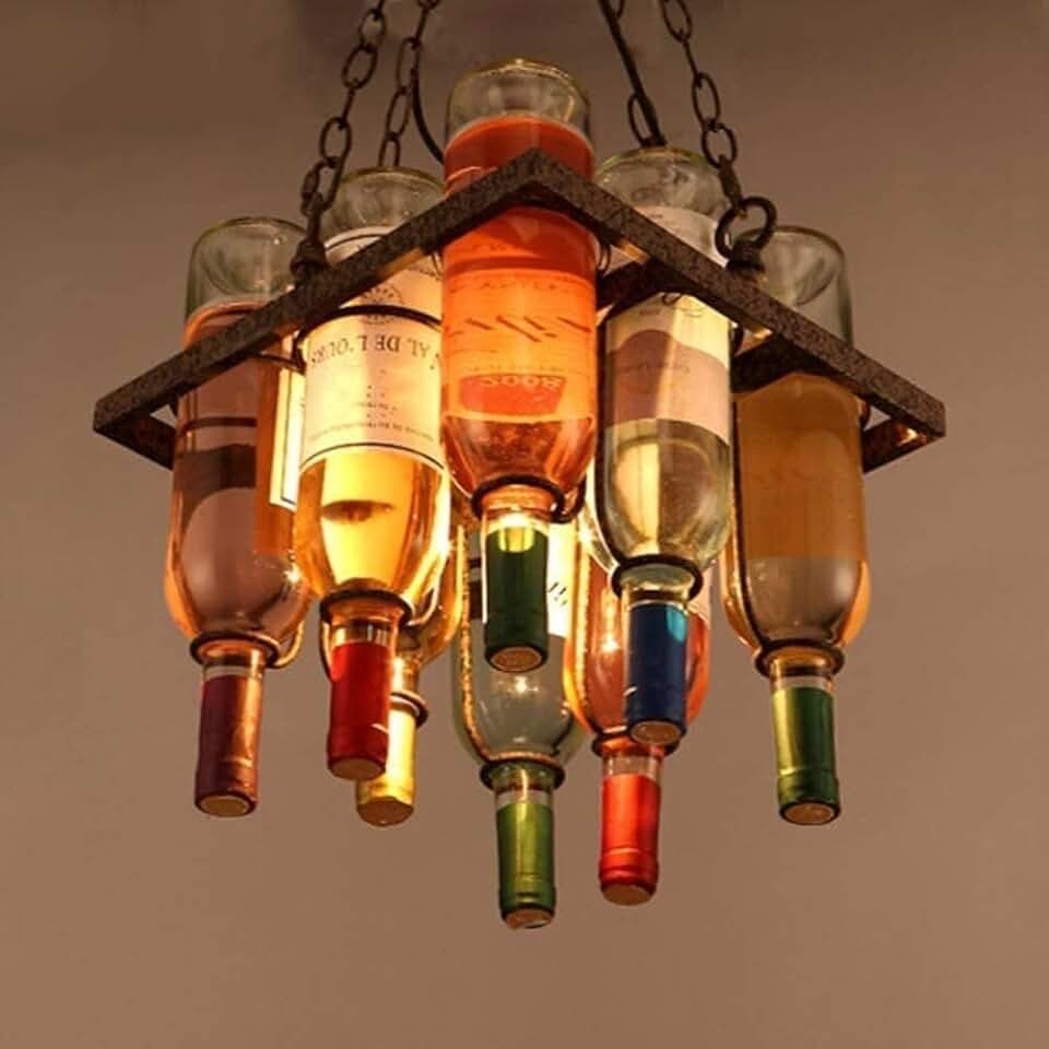 Modern Chandelier, Ceiling Light V-Intage Retro Wine Bottle Lamp Chandelier Colored Glass Light Changing Lights Height, Vintage Chandeliers/Color