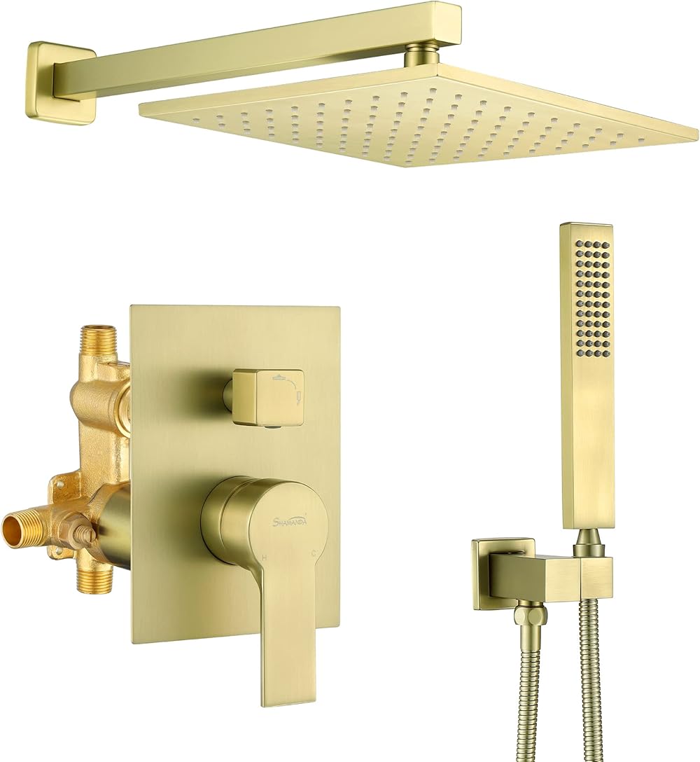 SHAMANDA Brass Rainfall Shower System, Luxuly Bathroom Shower Faucet Combo Set Brushed Gold(Including Rough-In Valve Body and Trim), L70001-3