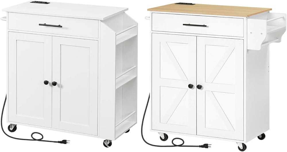 HOOBRO Kitchen Island and Rolling Kitchen Cart with Power Outlet Bundle, Kitchen Storage Island with Spice Rack and Drawer, Rolling Kitchen Cart on Wheels, for Home and Kitchen WT82UZD01G1-WN88UZD01