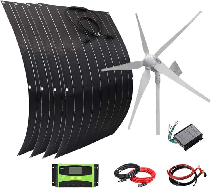 1400W Solar Wind Hybrid System Kit: 4 x 100W ETFE Flexible Solar Panel & 1000W Wind Turbine for Boat Cabin Tent Caravan 48V Battery Charger