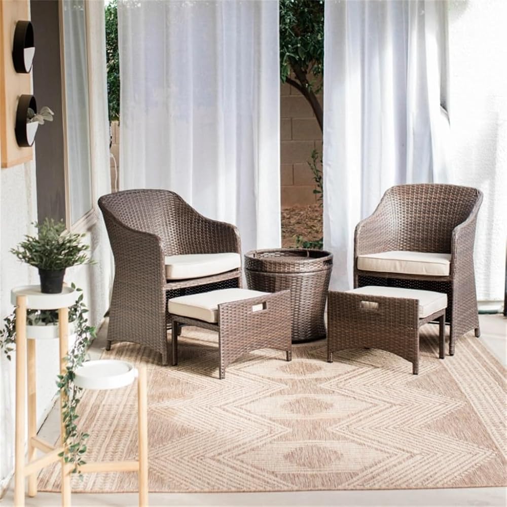 DFHBFG 5 Pieces Outdoor Patio Furniture Set with Ottoman and Storage Table, Brown