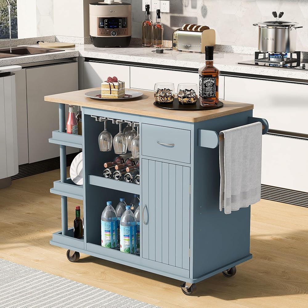 Kitchen Island Cart with Side Storage Shelves, Rubber Wood Top, Adjustable Cabinet Shelves, Mobile Kitchen Storage Cart with Wine Rack for Dining Room, Home Bar