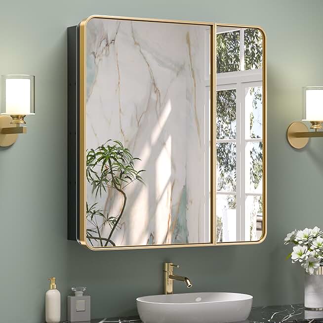 30 x 32 Inch Gold Medicine Cabinets for Bathroom with Mirror Adjustable Shelves Stainless Steel Framed Double Doors Modern Farmhouse Metal Recessed Gold Bathroom Storage Cabinets
