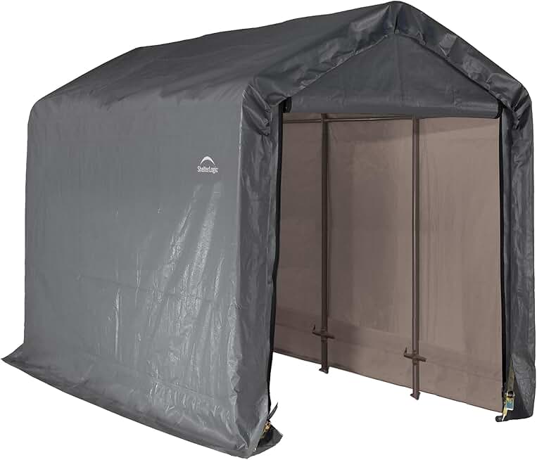 ShelterLogic 6' x 12' Shed-in-a-Box All Season Steel Metal Frame Peak Roof Outdoor Storage Shed with Waterproof Cover and Heavy Duty Reusable Auger Anchors, Grey