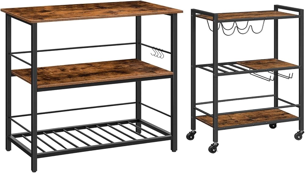 HOOBRO Kitchen Island with Wine Rack and Bar Cart, Rustic Brown and Black BF02ZD01-BF35TC01G1
