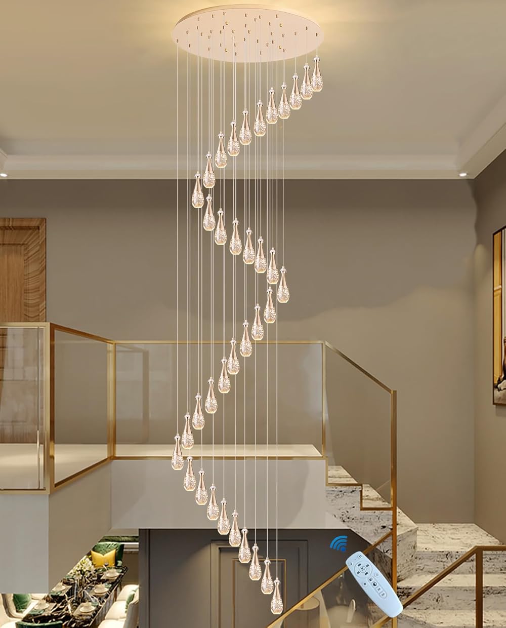 178inches Crystal Chandeliers for High Ceilings,Luxury 36-Lights Gold Bubble Crystal Raindrop Chandelier Lighting Staircase Pendant Light Fixtures Dimmable CCT 3000k-6500k (Round 36-Light)
