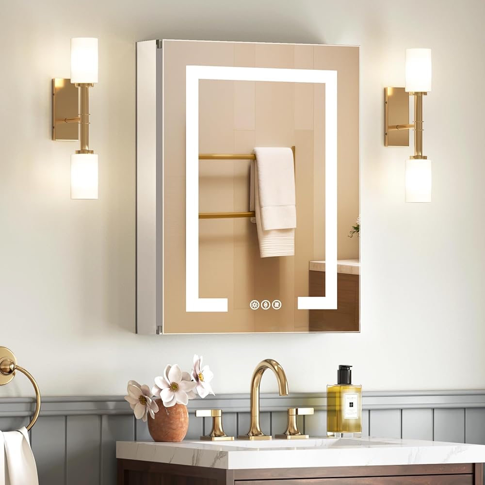 Lighted Medicine Cabinet with Mirror 20x26 Inch, Wall Surface Mount or Recessed Bathroom Medicine Cabinet, Mirror Doors/3 Colors/Dimmable/Defogging, 2 Adjustable Tempered Glass Shelves