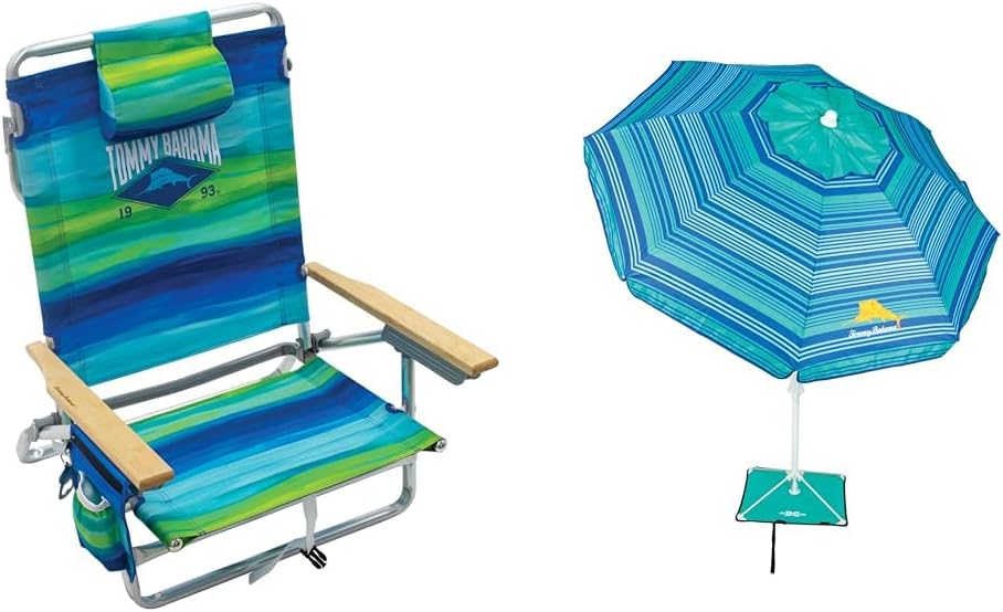 Tommy Bahama 5-Position Backpack Beach Chair and 6' Beach Umbrella with Anchor and Carry Bag
