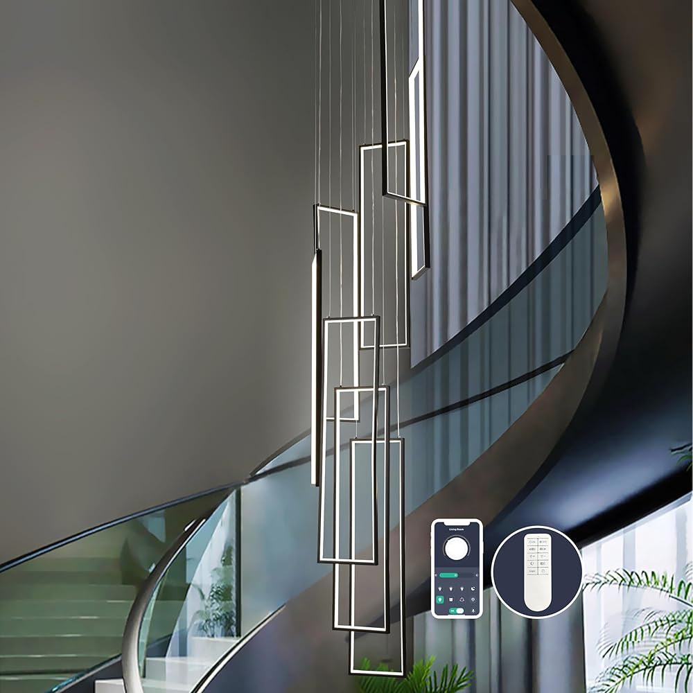 Black Modern Led Chandelier Dimmable Led Pendant Lighting 8-Ring Rectangle Staircase Chandelier Adjustable High Ceiling Light Fixtures Contemporary Large Chandeliers for High Ceiling Lobby