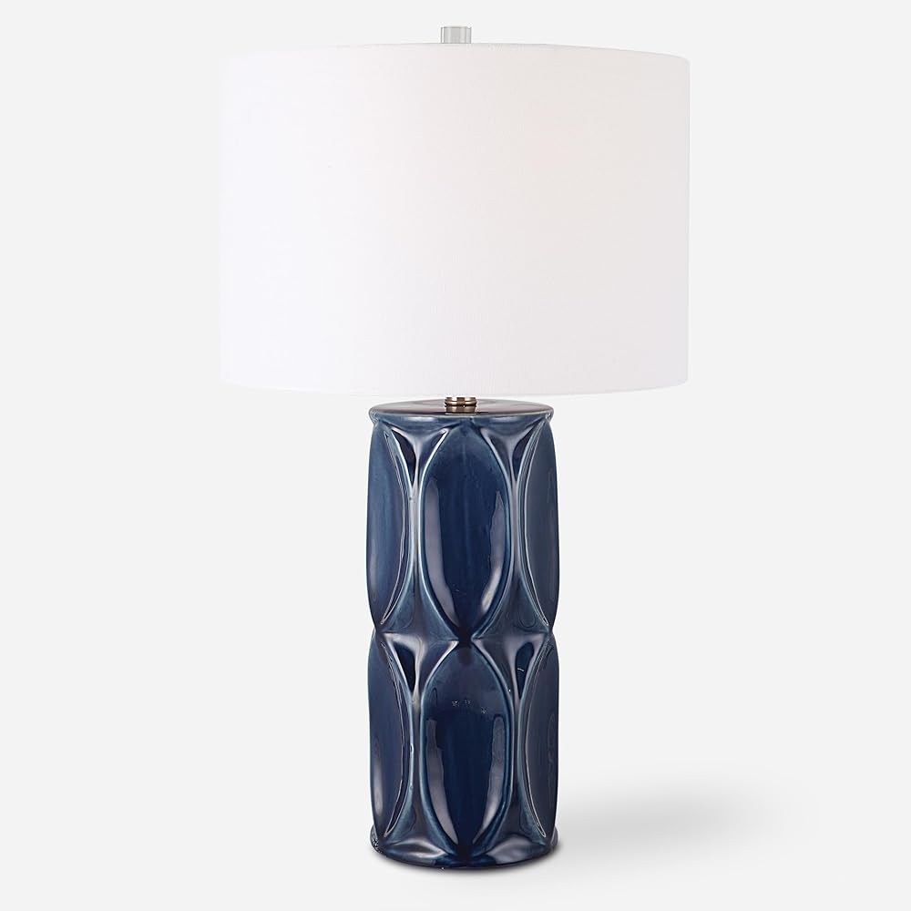 MY SWANKY HOME Mid Century Modern Graphic Gloss Navy Blue Table Lamp Oval Pattern Geometric