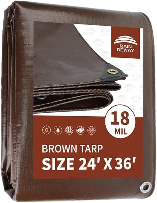 RAINDEWAY 24x36 Feet Super Heavy Duty 18 Mil Brown Poly Tarp Cover, UV Resistant, Weatherproof, Multipurpose Waterproof Poly Tarp with Grommets and Reinforced Edges