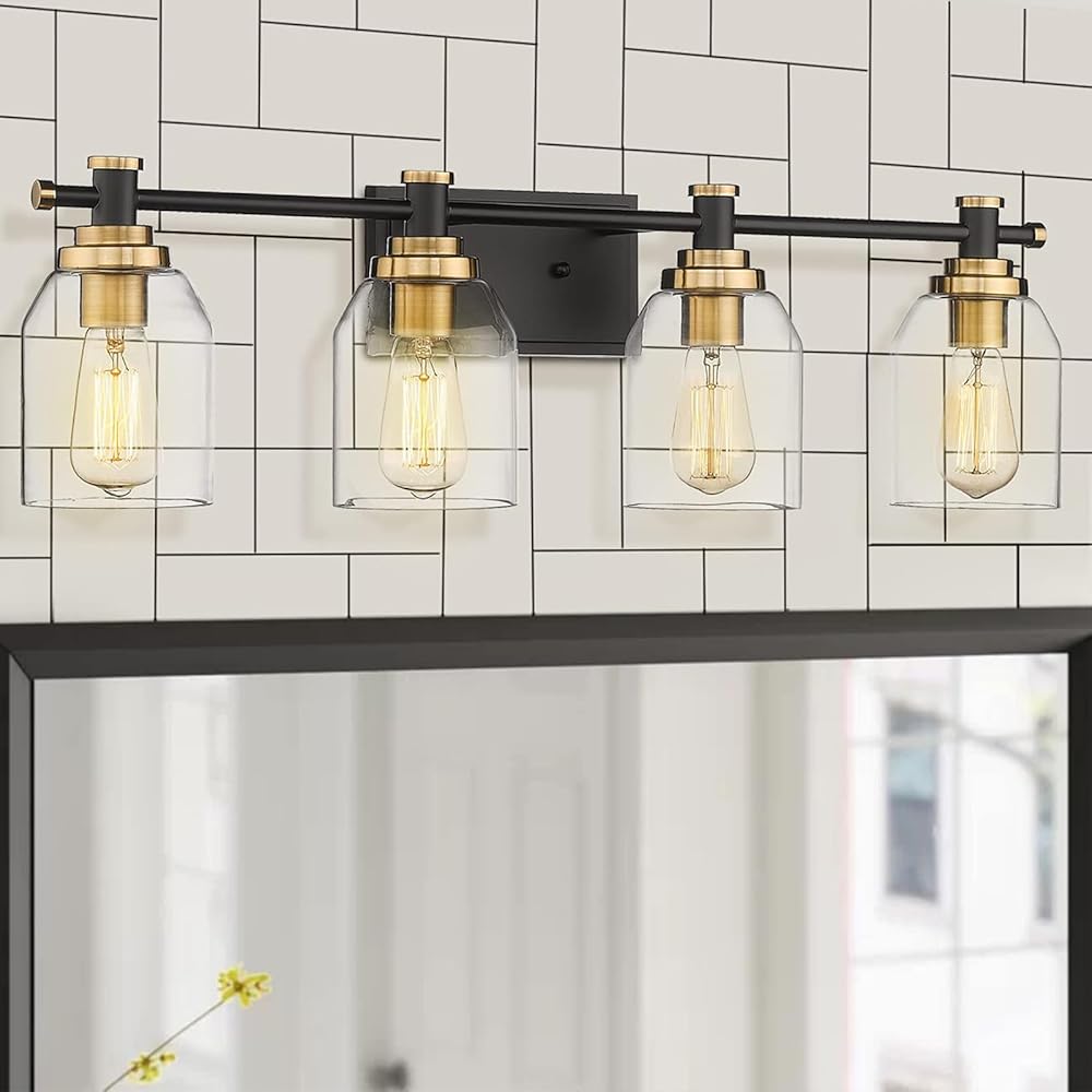 zeyu Modern Vanity Light Fixture, 4-Light Bathroom Lighting 29.5 Inch, Black and Gold Finish with Clear Glass Shade, ZG33B-4W BK+BG