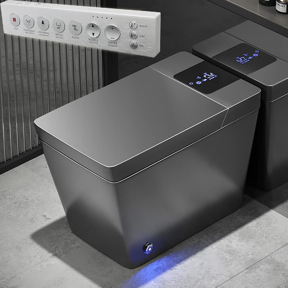 Smart Bidet Toilet for Bathroom with Remote Control, Modern Intelligent One Piece Tankless Toilet with Heated Bidet Seat, Warm Water and Dry, Auto Open/Close Lid, Auto Dual Flush.(Gun grey)