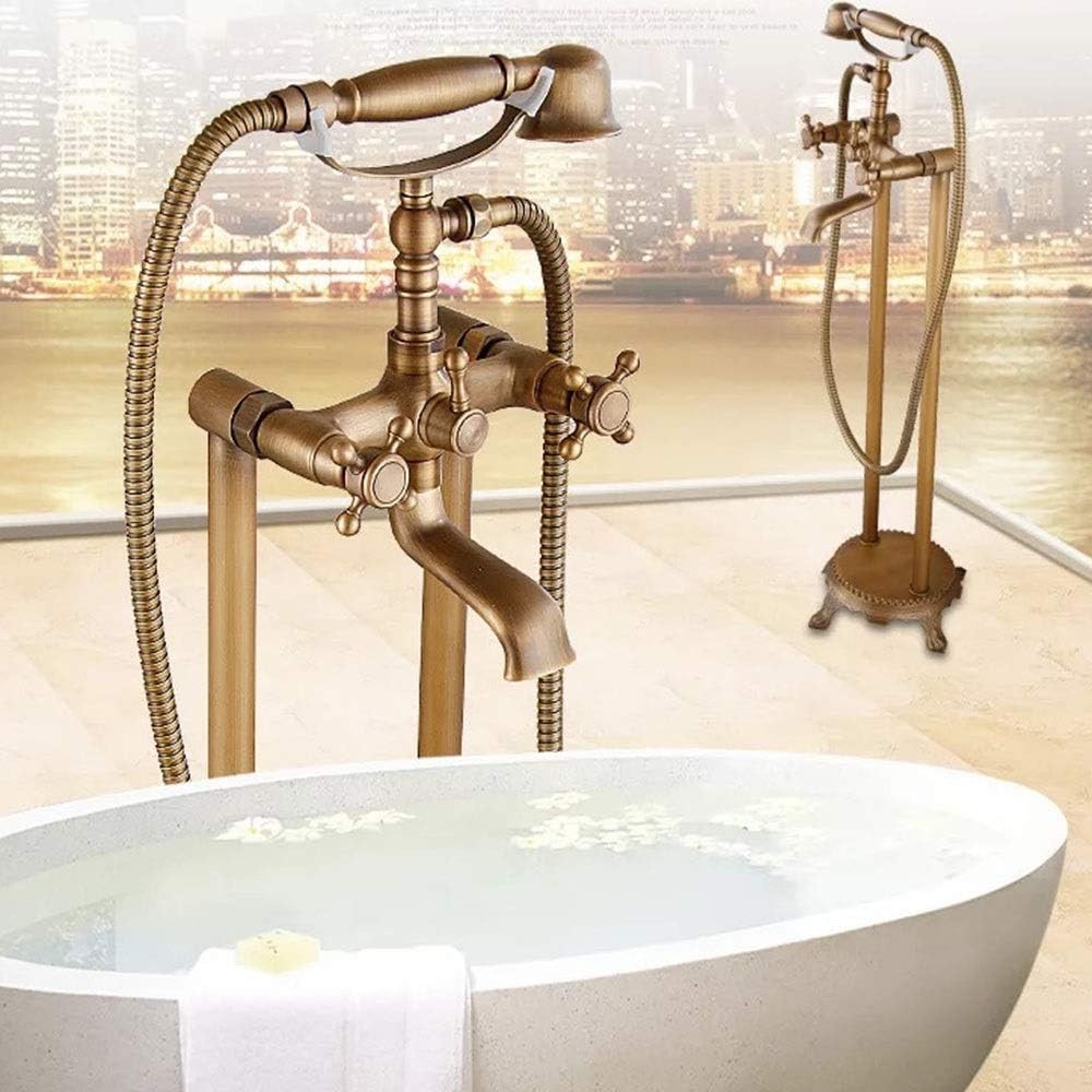 FBBSZSD European Antique Standing Bathtub Copper Floor-Standing Bathtub Chaise and Cold Shower Set Fixed Showerheads Shower Set