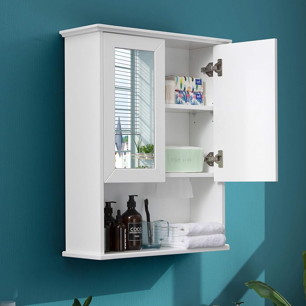 Bathroom Wall Cabinet with Double Mirror Doors Wooden Medicine Cabinet and Paper Towel Slot 23x29 inchs Over Toilet Storage with Buffering Hinge Adjustable Shelves and Durable MDF
