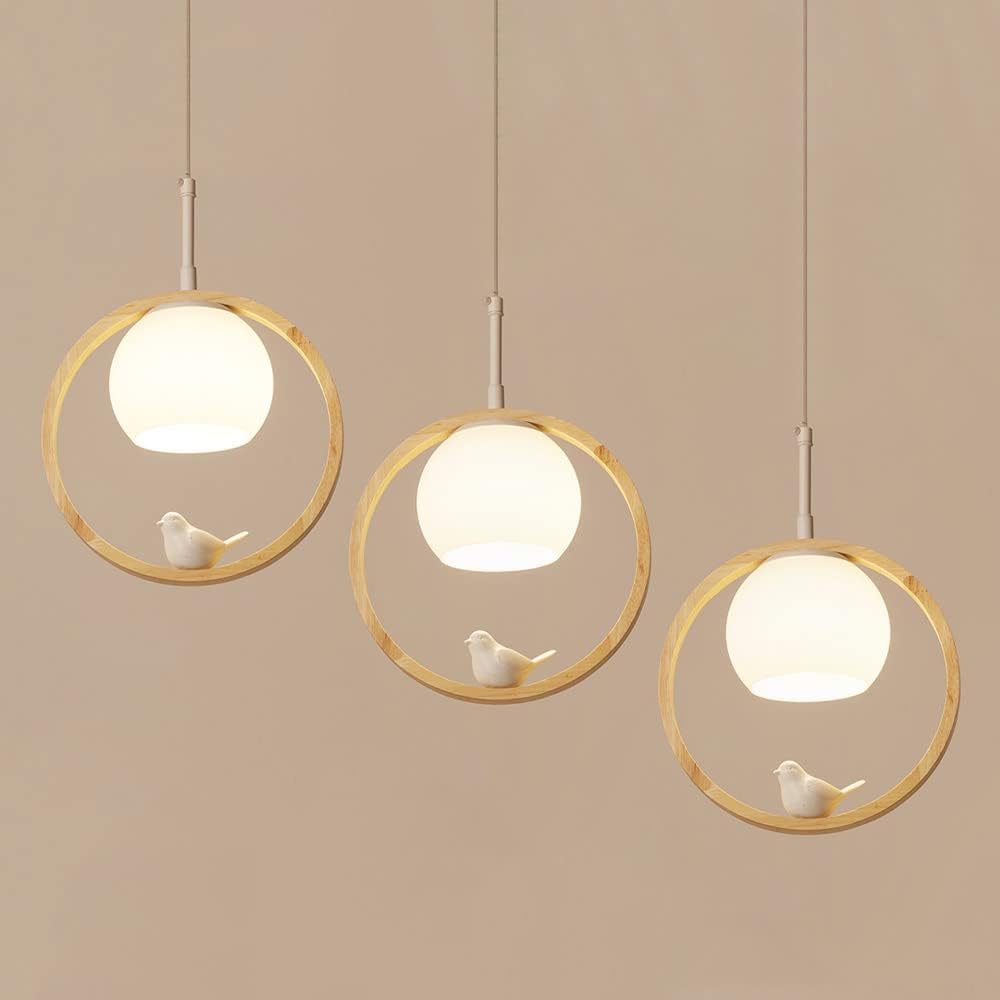 Nordic 3-Light Cluster Pendant Light Fixture Wood Dining Room Chandelier with White Glass Globe, Modern Ceiling Hanging Lamp Farmhouse Lighting for Kitchen Island Restaurant