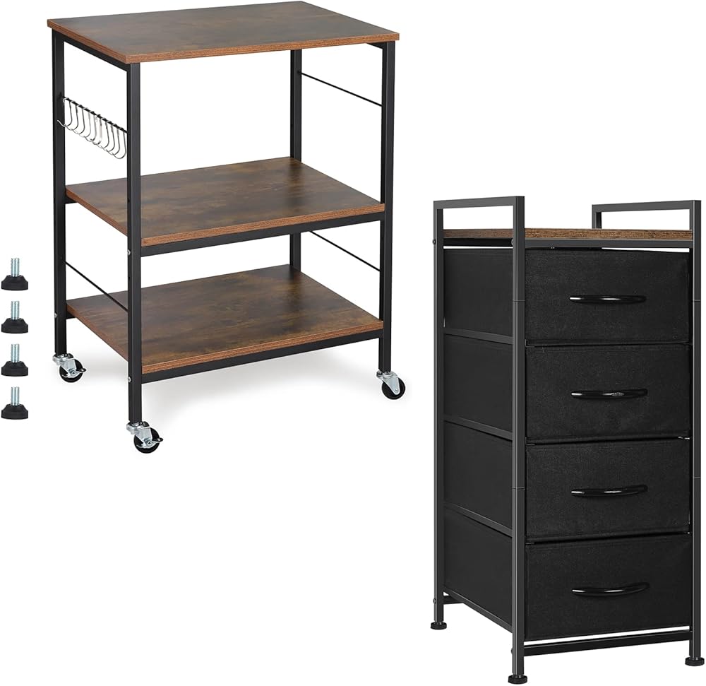 Nightstands, Industrial Microwave Oven Stand Kitchen Baker's Rack and Fabric Dresser for Bedroom Vertical Dresser Storage Tower Nightstands Dresser with 4 Drawers