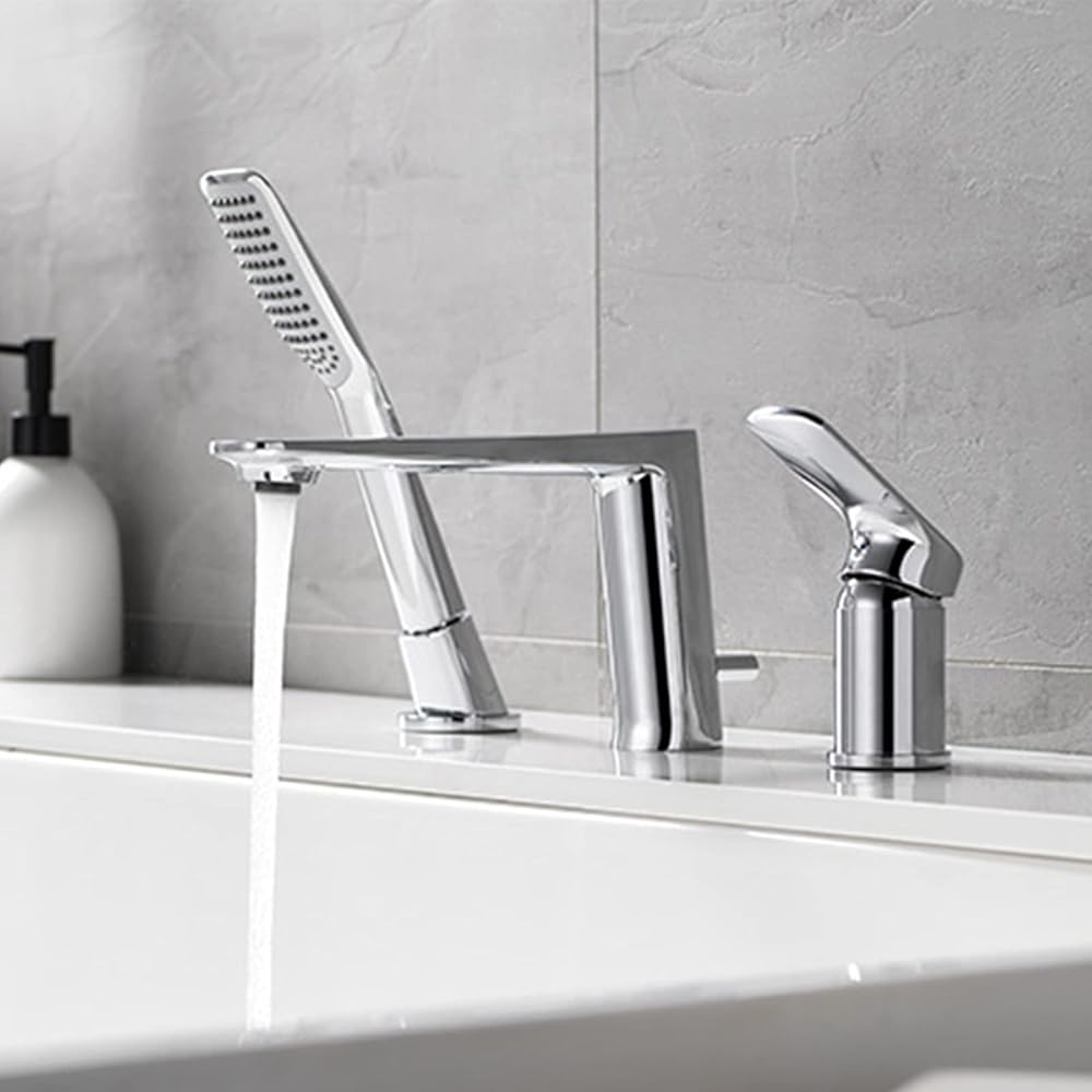 Split Bathtub Faucet, Three-Hole Basin Faucet, All Copper Hot And Cold Water Mixer Tap, Bathroom Tub Side Faucet Set with Portable Shower, Electroplating,B