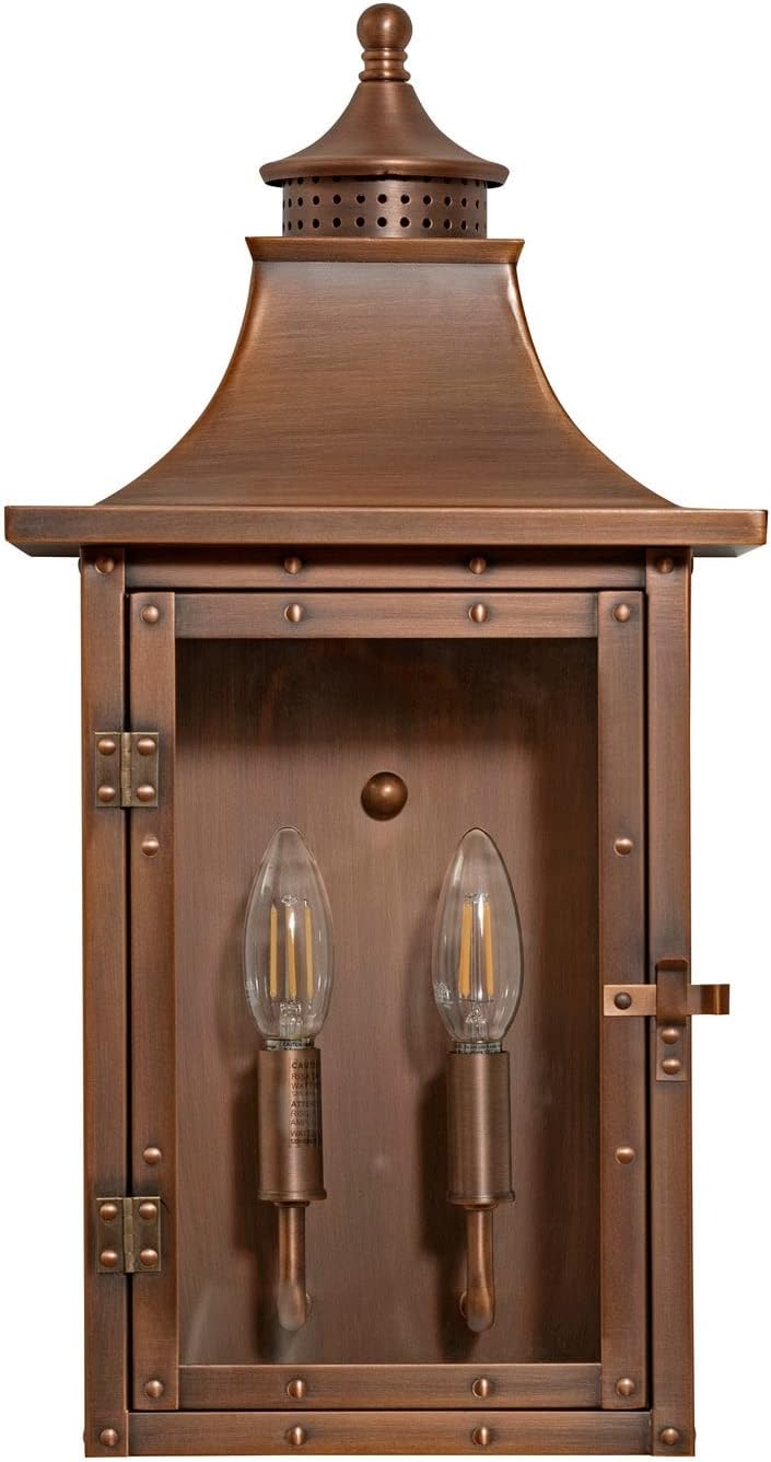 Acclaim Lighting 8312CP | Vintage Solid Copper Two Light Dimmable Wall Mounted Outdoor Wet Rated Lantern with Clear Glass | Hand Crafted Classic Colonial America Design (Copper Patina - Style Two)