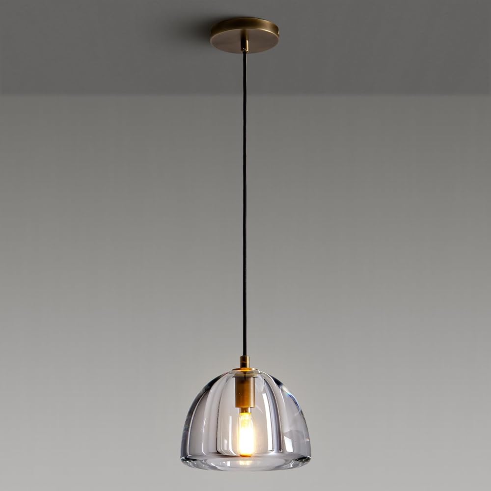 Brass Crystal Hemisphere Pendant Light, Kitchen Pendant Lighting Over Island, Farmhouse Pendant Light for Indoor Kitchen Island Dining Room Living Room Bedroom Bathroom, E12 Bulb Included