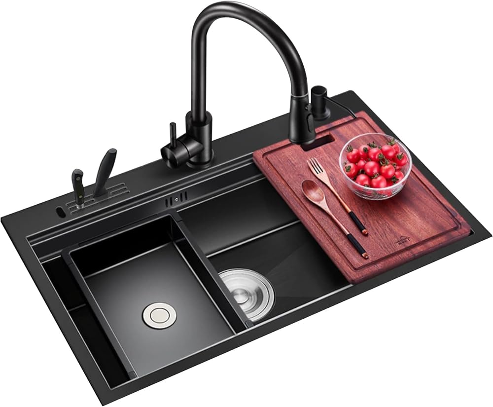 304 Stainless Steel Kitchen Sink Black Nano Single Bowl Bar Sink Multi-Function RV Sink Pull-Out Faucet and Drainage Cponents Drop in Or Under Mount (Color : Black, Size : 68x46x21cm)