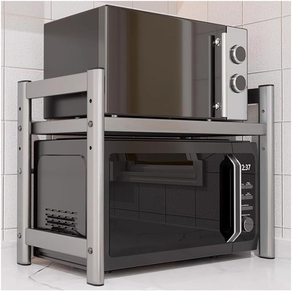 2 Tier Microwave Oven Rack Shelf Unit with 6 Hooks, Heavy Duty Stand Adjustable Thickened Stainless Steel Microwave Stand Shelf, for Kitchen Supplies Tableware Storage (Size : 53cm) (53cm)