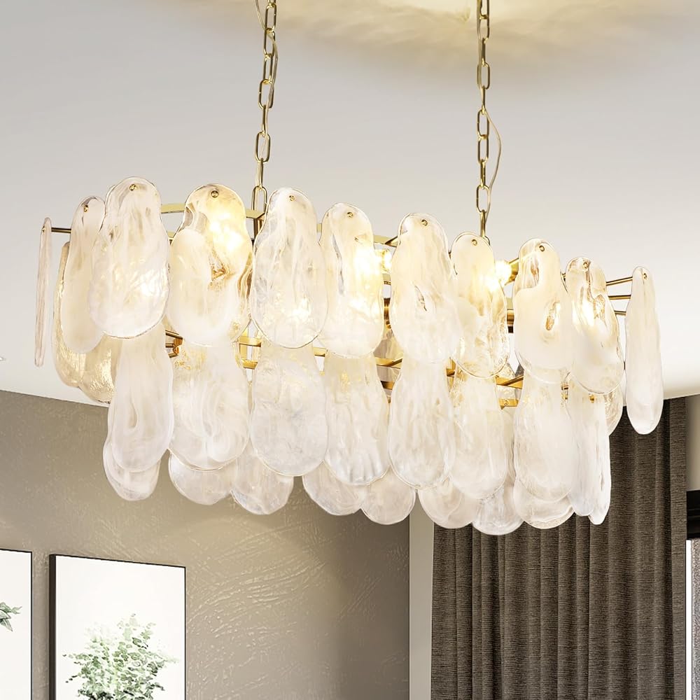 Depuley Gold Adjustable Height Oval Crystal Chandelier, 8-Light Kitchen Island Light Fixture, 31.5
