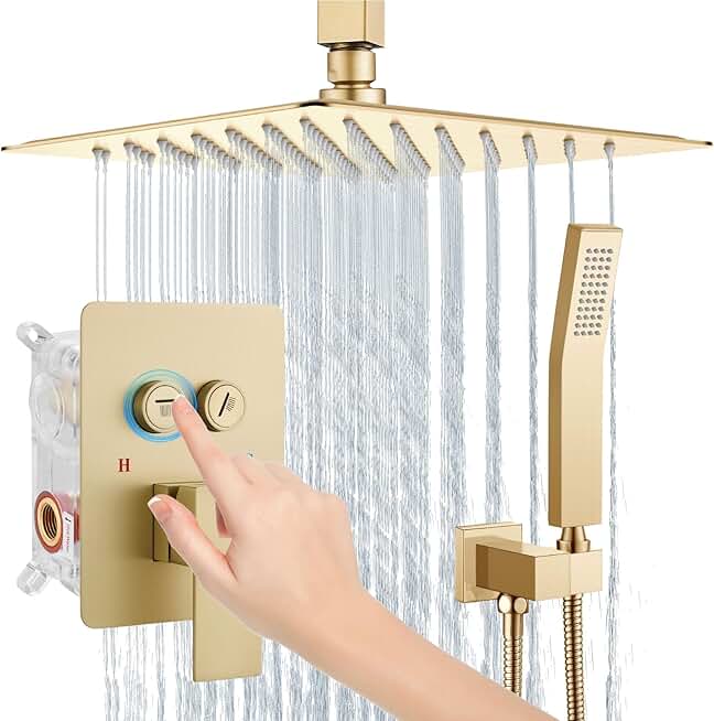 Aolemi Ceiling Mount Shower System, 12 Inch Rain Shower Head with Handheld Spray High Pressure Shower Faucet Set Rough-in Valve and Shower Trim Included Bathroom Brushed Gold Push Button Diverter
