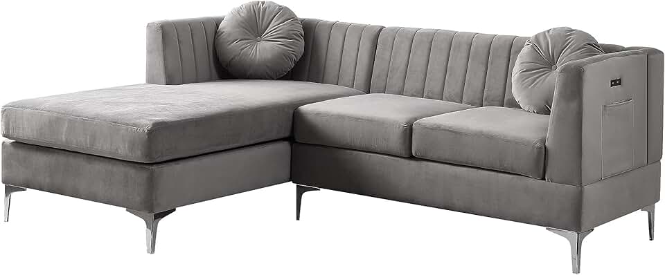 Lilola Home Chloe Gray Velvet Sectional Sofa Chaise with USB Charging Port