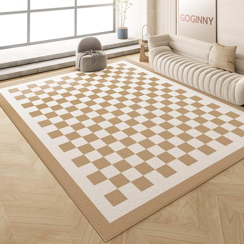 Washable 9x12 Checkered Area Rug for Living Room, Tan Brown Checkerboard Modern Boho Large Rugs, Faux Wool Low Pile Lightweight Indoor Carpet with Non-Slip Backing for Bedroom Kids Nursery Play Room
