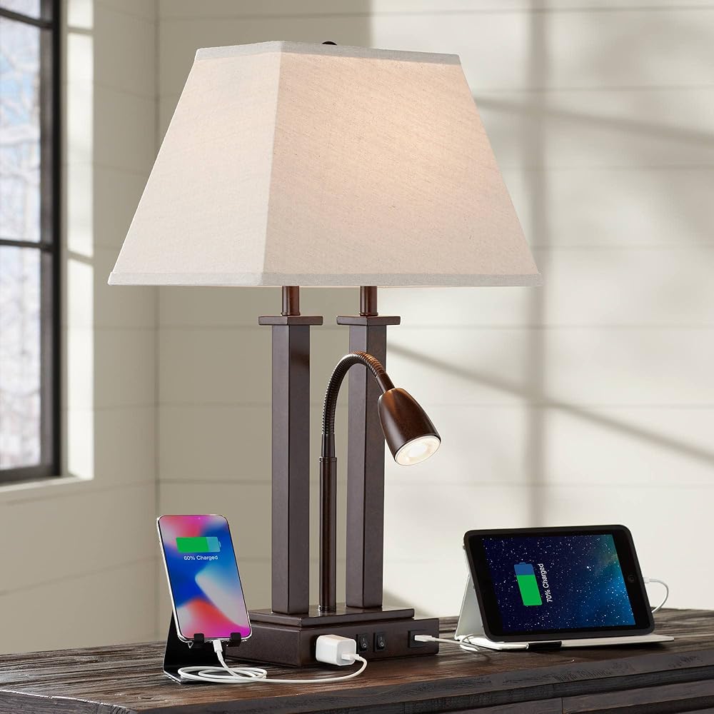 Possini Euro Design Deacon Modern Desk Table Lamp with USB and AC Power Outlet in Base Gooseneck LED 26