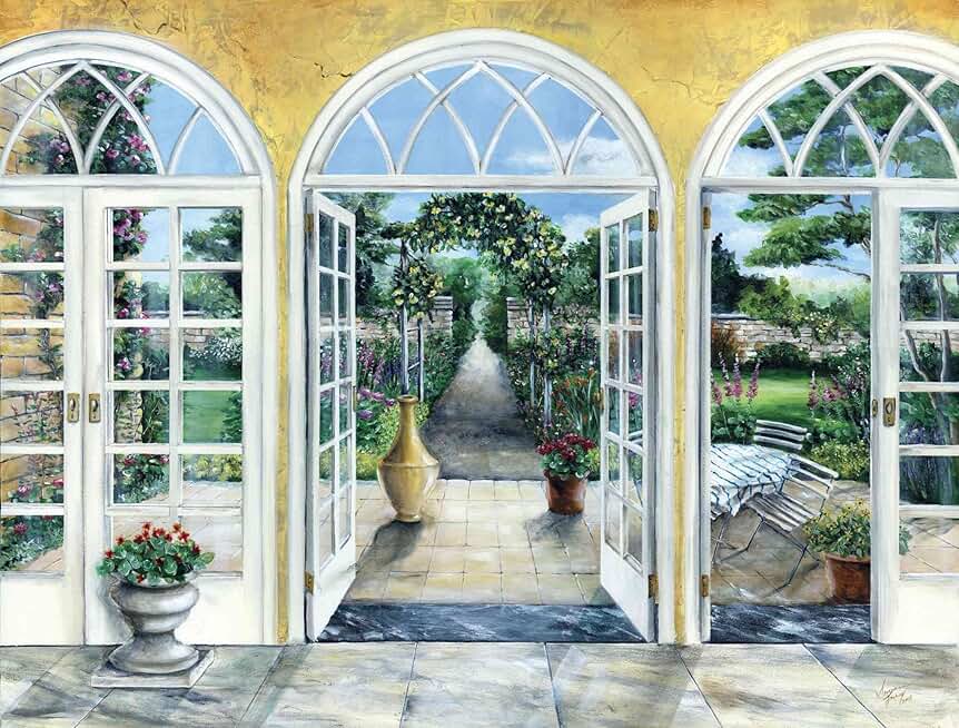 10.5-Feet Wide x 8-Feet high. Prepasted Robust Wallpaper Mural from a Photo of: Down The Garden Path. Trompe L'Oeil or 3-D Illusion. Our murals are Easy to Install Remove and Reuse. See Our Video.