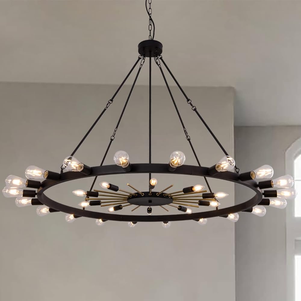 Wellmet 54inch Large Black&Gold Wagon Wheel Chandelier, 2-Tier 30-Light Farmhouse Chandelier Lighting Fixture for Living Room, Entryway, Hallway, Dining Room, Bar, Cafe