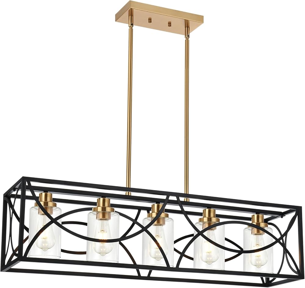 Kitchen Island Light with Clear Glass, Farmhouse Dining Room Chandelier in Black & Brushed Brass, Modern Pendant Light Fixtures E26 Bulb Base