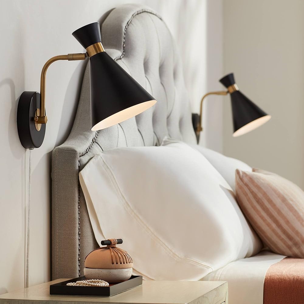 360 Lighting Venice Mid Century Modern Wall Lamps Set of 2 Matte Black Brass Gold Metal Plug-in 6 1/4